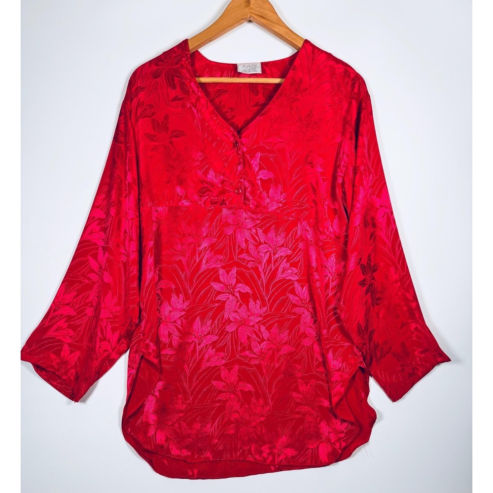 Vintage Jayre California Tunic Blouse Large Pink Satin Jacquard Floral Top USA